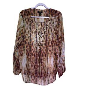 Jessica Simpson 2X Morgan Blouse Sheer Lace-Up Peasant-Style Brown/Tan Tribal